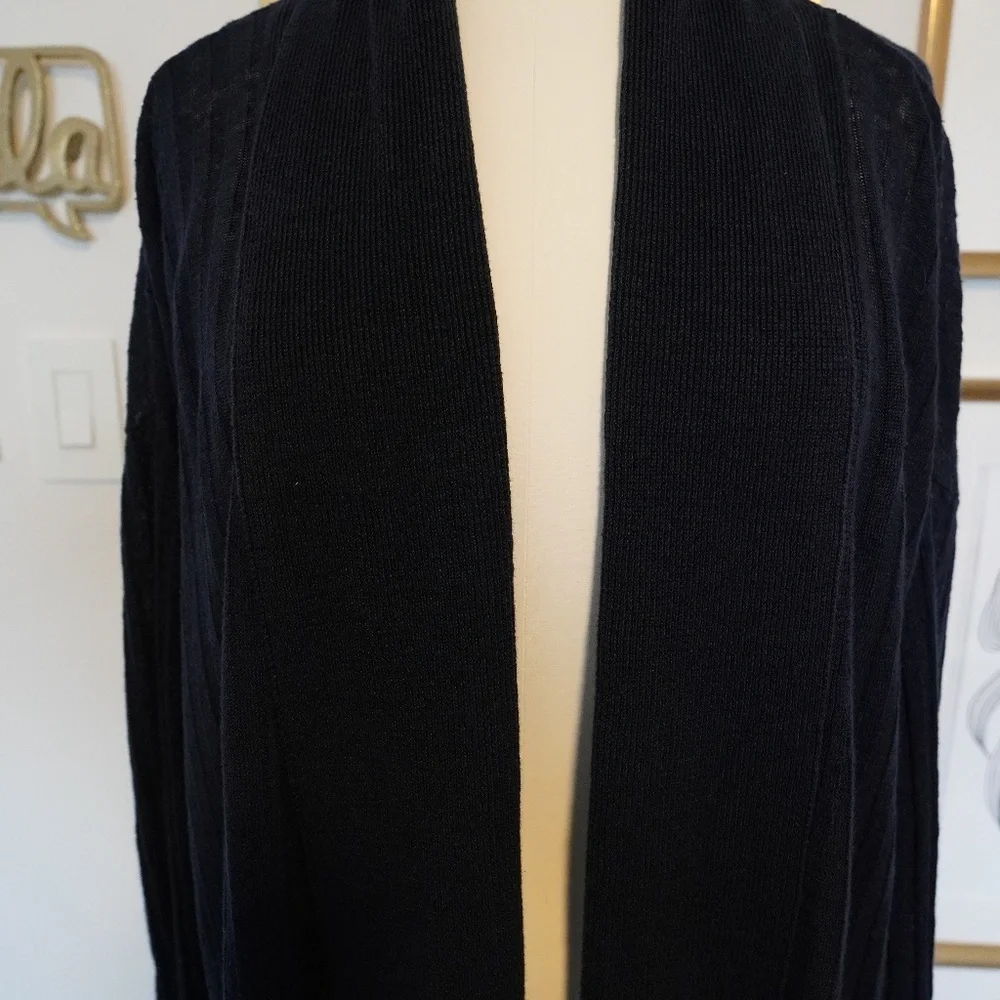 Pure Collection Blue Ribbed Knit Open Front LongSleeve Linen Cardigan 043 - Picture 2 of 7